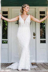 Beautiful Tulle Mermaid V-neck Lace Wedding Dresses, Wedding Gown